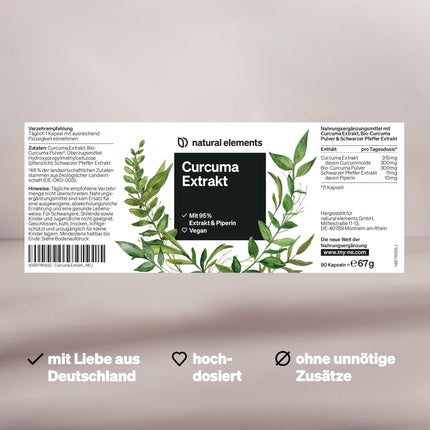 Kurkumas ekstrakts – augsta deva: VIENAS kapsulas kurkumīna saturs atbilst 10 000 mg kurkumas – augsta deva no 95 % ekstrakta – 90 kapsulas – laboratorijā pārbaudīts, vegāns un ražots Vācijā