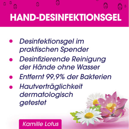 Sagrotan roku dezinfekcijas gels ar kumelītēm un lotosu – dezinfekcijas līdzeklis rokām dozatorā – 1 x 200 ml gela