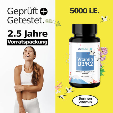 D3 vitamīna + K2 tabletes - 180 tabletes pa 5000 SV [DEPOT] - Augsta D3 vitamīna deva un 100 mcg K2 vitamīna vienā tabletē - Augsta kvalitāte: Manequinon MK7 - Laboratorijā pārbaudīts