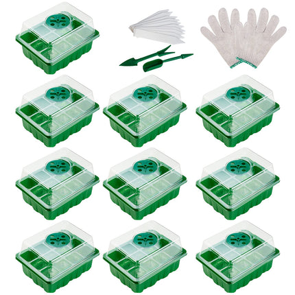 Fohil 10 gabalu iekštelpu siltumnīcas pavairotājs, mini siltumnīcas pavairošanas komplekts, plastmasas pavairošanas paplātes ar maziem dārza instrumentiem un augu etiķeti, 12 caurumi, ideāli piemērots stādu audzēšanai