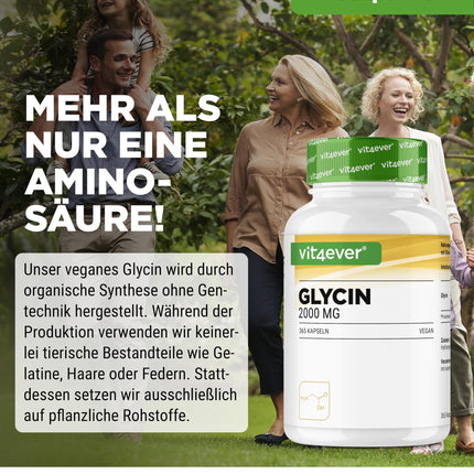 Glicīns - 365 kapsulas - Augstas koncentrācijas ar 2000 mg L-glicīna vienā dienas devā - Īpaši augsta tīrības pakāpe - Bez piedevām - Vegāns
