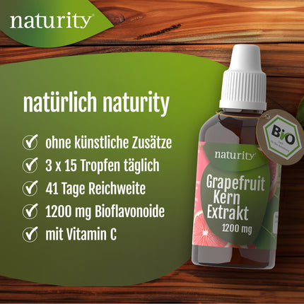 Bioloģisks greipfrūtu sēklu ekstrakts, 1200 mg bioflavonoīdu/100 ml, sertificēta bioloģiska kvalitāte, vegāns un ražots Vācijā, viegli un tīri lietojams