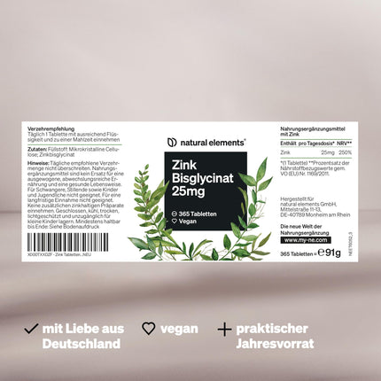 Cinks 25 mg – 365 tabletes – labi panesams cinka bisglicināts (cinka helāts) – vegāns, lielas devas, bez nevajadzīgām piedevām – ražots Vācijā un laboratoriski pārbaudīts