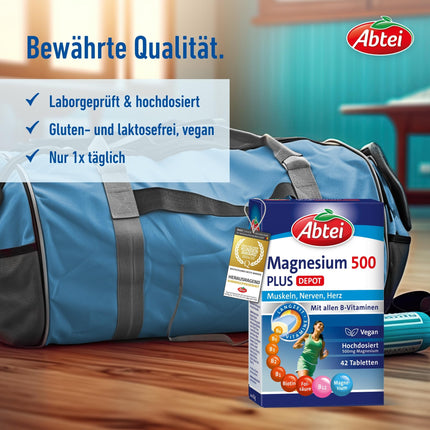 Abtei Magnesium 500 Plus Extra Vital Depot – augsta deva – ar visiem B vitamīniem – muskuļiem, nerviem un sirdij – vegāns – 42 tabletes