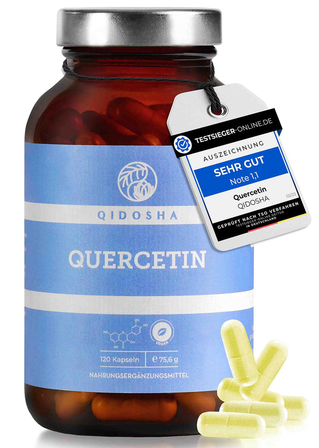 QIDOSHA® kvercetīna kapsulas ar augstu devu, TESTA UZVARĒTĀJS 02/23*, 120 gab./burciņā, 500 mg tīra kvercetīna vienā kapsulā, kvercetīna saturs pārbaudīts ārējā laboratorijā, ražots Vācijā