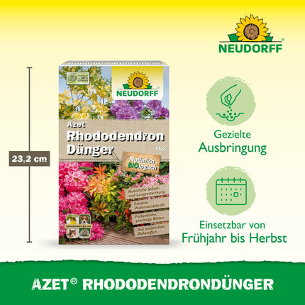 Neudorff Azet rododendru mēslojums – organiskais rododendru mēslojums ar mikorizu nodrošina krāsainus un krāšņus ziedus ar 3 mēnešu ilgtermiņa efektu, 1 kg