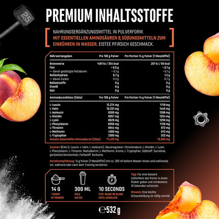 EAA pulveris 532 g - Visas 9 neaizvietojamās aminoskābes, ieskaitot histidīnu un BCAA - Human Code Formula - Amino treniņu dzēriens - Gards un lieliski šķīstošs - Vegāns (ledus tēja ar persiku)
