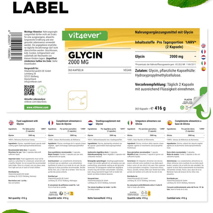 Glicīns - 365 kapsulas - Augstas koncentrācijas ar 2000 mg L-glicīna vienā dienas devā - Īpaši augsta tīrības pakāpe - Bez piedevām - Vegāns