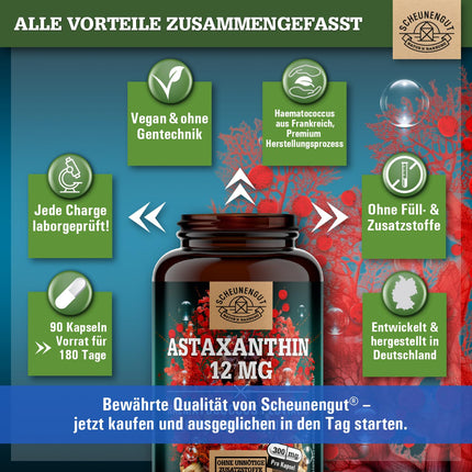 Astaksantīns 12 mg - SVARĪGI: Neoksidējas, pateicoties esterificētai struktūrai - Tiešs avots no Francijas (nevis Ķīnas preces) - Sertificēts astaksantīns augstā devā - DE- SCHEUNENGUT®