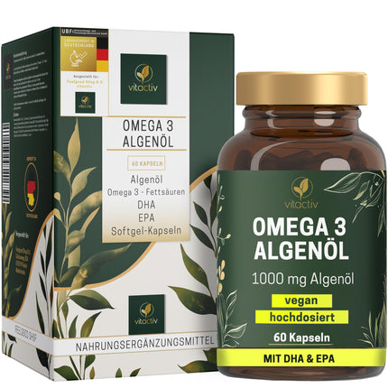 VITACTIV Omega 3 aļģu eļļas kapsulas - 60 kapsulas - jūras Omega 3 vegāns, augsta deva ar 1000 mg mikroaļģu eļļas vienā dienas devā - 450 mg Omega-3 taukskābes DHA un EPA (2:1) - sirdij, smadzenēm, acīm - laboratoriski pārbaudīts