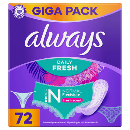 Always Daily Fresh Normal Flexistyle ikdienas ieliktnīši 72 gabali, ar svaigu aromātu, elastīgi, pielāgojas visām biksīšu formām