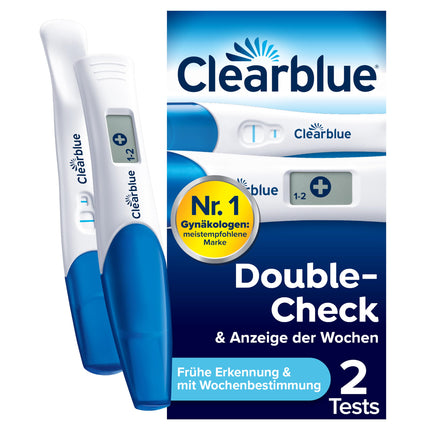 Clearblue grūtniecības testa kombinētais iepakojums — dubultā pārbaude agrīnai un nedēļai, 2 testi (1 digitālais 25 mSV/ml, 1 vizuālais 10 mSV/ml), grūtniecības tests, agrīns grūtniecības tests, grūtniecības nedēļas noteikšana