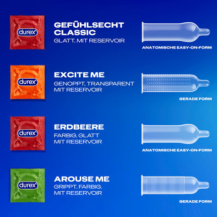 Durex Surprise Me prezervatīvu maisījums – maisījums ar 4 dažādiem prezervatīvu veidiem izmēģināšanai – 30 iepakojums (1 x 30 gabali)