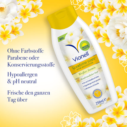 Vionell intīmās mazgāšanas losjons sievietēm. Scentsitive Scents Daily Feminin, ar E vitamīnu un kumelītēm, svaigums visas dienas garumā, hipoalerģisks, ar baltā jasmīna aromātu, 250 ml.