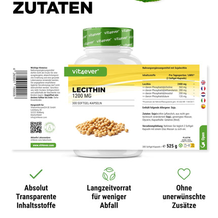 Lecitīns 1200 mg - 300 mīkstās kapsulas - Premium: Ar fosfatīdiem - Nesatur ĢMO sojas lecitīnu - Augsta deva - Augstākās kvalitātes