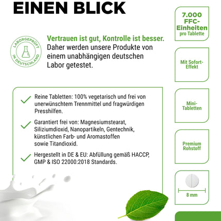 Laktāzes 7000–365 tabletes ar tūlītēju iedarbību — augsta deva ar 7000 FCC vienībām — laktozes un piena nepanesības gadījumā — bez nevēlamām piedevām — laboratoriski pārbaudītas — vegānas