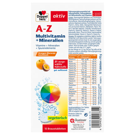 Doppelherz AZ multivitamīni + minerālvielas - 21 atlasīta uzturviela veselības un labsajūtas atbalstam - 15 putojošās tabletes