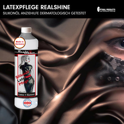 Optimal Products lateksa kopšanas līdzeklis REALSHINE silikona eļļa 1 litrs | dermatoloģiski pārbaudīta eļļa lateksam | profesionāla gumijas kopšana un ekonomisks uzvilkšanas palīglīdzeklis | bez smaržas lateksa kopšana augsta spīduma apdarei