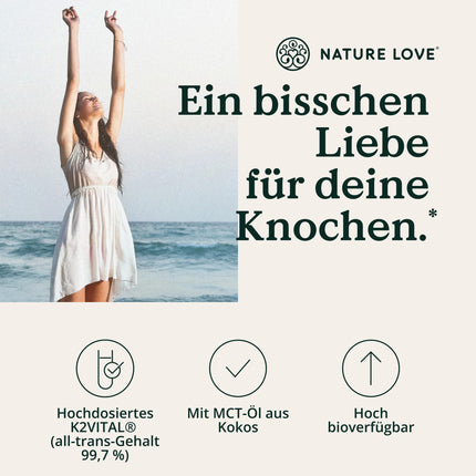 NATURE LOVE® K2 vitamīns MK7-200µg - 1700 pilieni (50ml) - Augstākais transtaukskābju saturs 99,7+% - Augsta kvalitāte: K2VITAL® no Kappa - izšķīdināts MCT kokosriekstu eļļā - Augsta deva, vegāns un ražots Vācijā