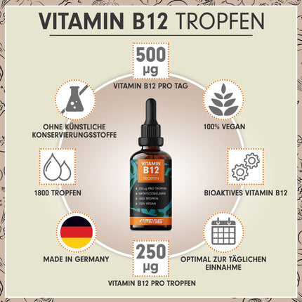 B12 vitamīna pilieni - 1800 pilieni (50 ml) - bioaktīvs metilkobalamīns B12 - optimāli dozēts ar 500 mcg B12 - bez konservantiem vai alkohola - 100% vegāns