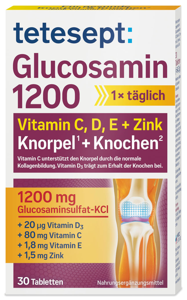 tetesept Glucosamine 1200 - 1 x 30 tabletes - uztura bagātinātājs ar glikozamīnu un lielām D3 vitamīna un C vitamīna devām - veseliem kauliem un skrimšļiem (uztura bagātinātājs)