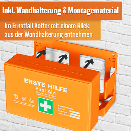 HELDENWERK Erste Hilfe Kasten nach neuer DIN 13157:2021 inkl. Wandhalterung & Aufklebern|Universal Erste Hilfe Koffer für Betrieb, Haushalt oder Gastronomie - Büro Verbandskasten gefüllt, Sanikasten