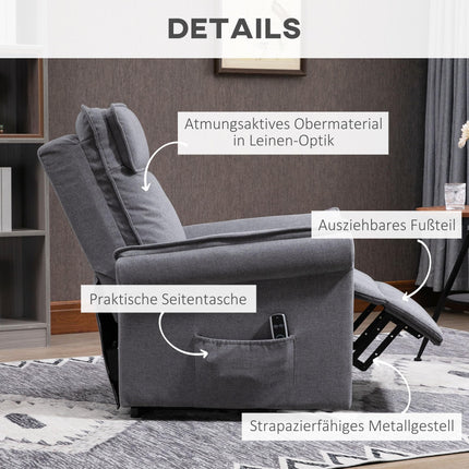 HOMCOM elektriskais atgāžamais krēsls, TV krēsls, masāžas krēsls, atpūtas krēsls ar stāvēšanas palīglīdzekli, relaksējošs krēsls ar atgāžamības funkciju, lina pieskāriens, tērauds, 86 x 95 x 106 cm, pelēks