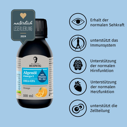 Dr. Johanna Budwig Omega 3 aļģu eļļa vegānam apelsīnu aromātam (100 ml) - augsta deva, bagāta ar DHA, EPA, D3 un K2 vitamīniem - šķidra aļģu eļļa vegānai, šķidra aļģu eļļa laboratoriski pārbaudīta