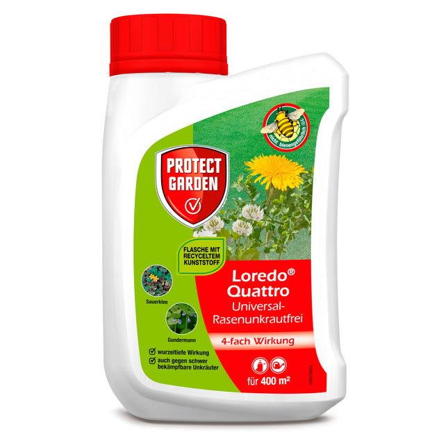PROTECT GARDEN Universāls zāliena nezāļu iznīcinātājs Loredo Quattro zāliena nezāļu iznīcinātājs pret spītīgām nezālēm ar 4 kārtīgu darbību, 400 ml