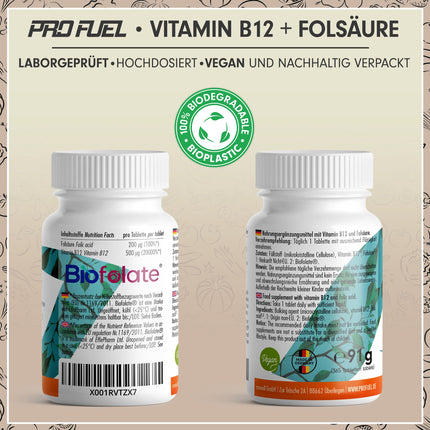 VITAMĪNS B12 lielā devā - 365 tabletes ar 500µg B12 vitamīna + 200µg Biofolate® folskābes - metilkobalamīns, adenozilkobalamīns un hidroksokobalamīns, B12 vitamīns - laboratoriski pārbaudīts ar sertifikātu - 100% vegāns