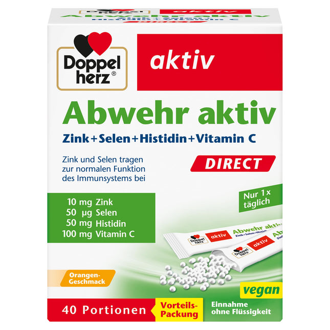 Doppelherz Abwehr aktiv DIRECT - cinks, selēns un C vitamīns imūnsistēmas atbalstam PLUS histidīns - 40 mikrogranulas ar apelsīnu garšu