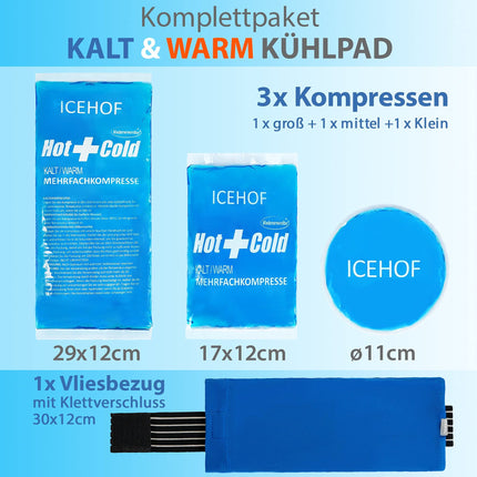 ICEHOF Kühlpads (3x) mit Vlies-Hülle - Inkl. Klettband - Kuschelweich, lange Kühldauer, Kühlpack Gel Kühlakku Kühlgel Kühlkompresse Kühlkissen Kühlkompressen Kühlbeutel Eisbeutel Kältekompresse Blau