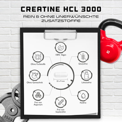 Kreatīna HCL - 365 kapsulas - augsta deva ar 3000 mg - tīrs kreatīna hidrohlorīds - augsta absorbcija - augsta biopieejamība - vegāns