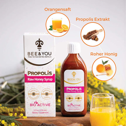 BEE&amp;YOU propolisa medus sīrups, bērniem ar C vitamīnu, uztura bagātinātājs bērniem, 100% dabīgs un bez piedevām, 33 starptautiskas balvas, 12 sertifikāti, bez glutēna, bez cukura
