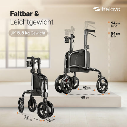 Helavo rollator 3 riteņi tikai 5,5 kg - šaurs iekštelpu rollator mājas lietošanai, viegli salokāms rollator, alumīnija mājas rollator ar dubultiem priekšējiem riteņiem