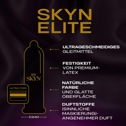 SKYN Elite prezervatīvi, bez lateksa, Skynfeel, vīriešu prezervatīvi, standarta izmērs, īpaši plāni un mīksti prezervatīvi, gluda, taisna forma, 53 mm plati, 100 gab.