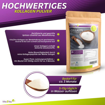 Vita2You kolagēna pulveris 1kg - bioaktīvs kolagēns - 100% Solugel® - no zāli barotām saimniecībām - 1. un 3. tipa peptīdu hidrolizāts - olbaltumvielas - 1000g - augstākā kvalitāte