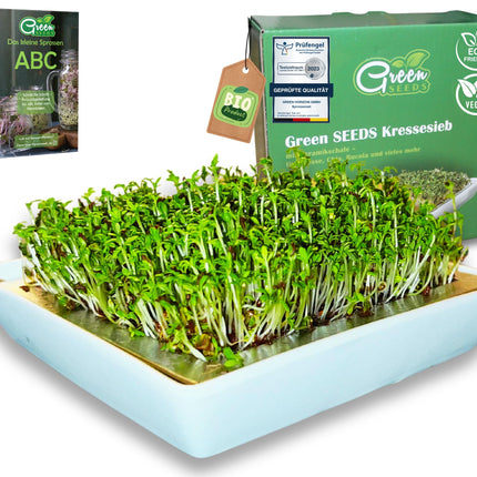 Green SEEDS® kressalātu sietu komplekts (1 kressalātu bļodiņa) | Nerūsējošā tērauda siets ar augstas kvalitātes keramikas bļodu | Audzēšanas paplāte 14 x 14 cm Droši mazgājama trauku mazgājamā mašīnā un nerūsējoša + Dīgšanas ABC ilgtspējīgi iepakots