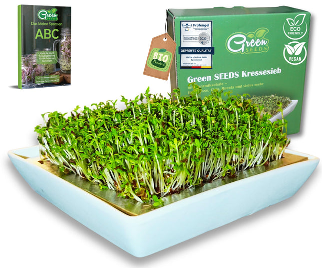 Green SEEDS® kressalātu sietu komplekts (1 kressalātu bļodiņa) | Nerūsējošā tērauda siets ar augstas kvalitātes keramikas bļodu | Audzēšanas paplāte 14 x 14 cm Droši mazgājama trauku mazgājamā mašīnā un nerūsējoša + Dīgšanas ABC ilgtspējīgi iepakots