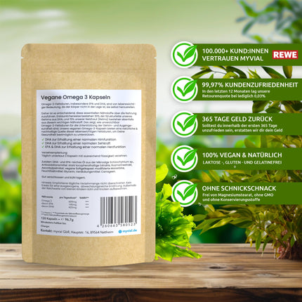Omega 3 vegāniskās kapsulas 120 gab. – 600 mg EPA un DHA no aļģu eļļas – augsta deva – triglicerīdu forma – ilgtspējīgi ražots Vācijā – bez piedevām – laboratoriski pārbaudīts