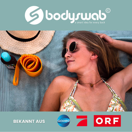Bodyswab© muguras mitrinošais līdzeklis, plīsumizturīgs, izturības garantija, mazgājams trauku mazgājamajā mašīnā, alternatīvā muguras birste, muguras skrubis, ķermeņa kopšana, palīglīdzeklis senioriem, ražots ES, jautri sīkrīki