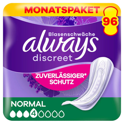Always Discreet urīna nesaturēšanas ieliktņi, normāli, 96 ieliktņi (4 x 24 ieliktņi), mēneša iepakojums, diskrēta aizsardzība un augsta uzsūkšanas spēja, neitralizē smakas (iepakojums var atšķirties)