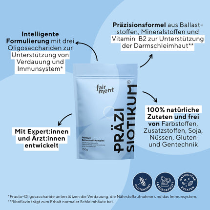 fairment Präzisiotikum® - Premium šķiedru komplekss | Viegli lietojams | Izstrādāts kopā ar ekspertiem | Bez piedevām | Bez laktozes, bez glutēna | 30 dienu krājumi | 150 g šķiedrvielu pulvera