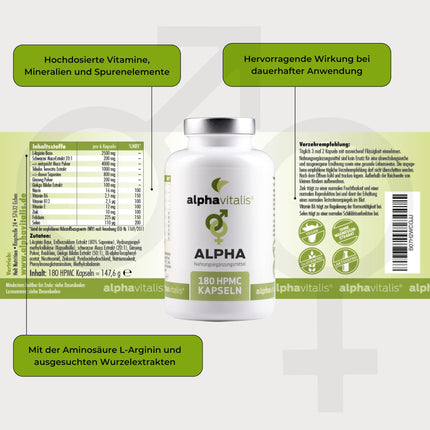 alphavitalis ALPHA Men kapsulas ilgstošai lietošanai ar cinku (normālai auglībai un reproduktīvajai sistēmai), aminoskābi L-arginīnu, Maca Black, Tribulus Terrestris, ginkgo, žeņšeņu