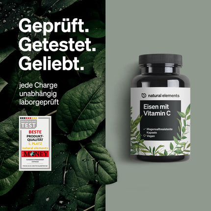 Dzelzs 20 mg (no dzelzs bisglicināta) vienā kapsulā – ar 42 mg dabīgā C vitamīna – vegāns, bez garšas – 180 kuņģa sulu izturīgas kapsulas – Augstākās kvalitātes izejviela: Ferrochel™ (dzelzs helāts)