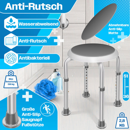 KESSER® Duschhocker höhenverstellbar 8 Stufen | Leichter Badhocker rutschfeste Gummifüße Duschstuhl 136KG belastbar | Duschhilfe Senioren | Saugnapf Haltegriff Badewannengriff | Duschsitz 360° drehbar