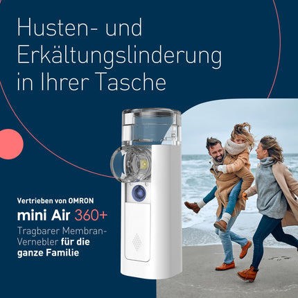 mini Air 360+ izplata OMRON | Pārnēsājams, kluss inhalators pieaugušajiem un bērniem | Inhalators, ieskaitot divas maskas + iemutni | Atvieglojums no klepus un saaukstēšanās | Uzlāde ar Micro USB