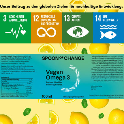 Augstākās kvalitātes vegāna Omega-3 aļģu eļļa (2900 mg dienā) - augsta deva - ar citronu - DHA un EPA - zinātniski pamatota, laboratorijā pārbaudīta - ilgtspējīga - ar D3 vitamīnu imūnsistēmai - Spoon of Change®