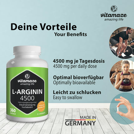 L-arginīna kapsulas ar augstu devu, 4500 mg dienā, 360 kapsulas tīra L-arginīna hidrohlorīda, kas iegūts augu fermentācijas ceļā, uztura bagātinātājs bez nevajadzīgām piedevām, ražots Vācijā