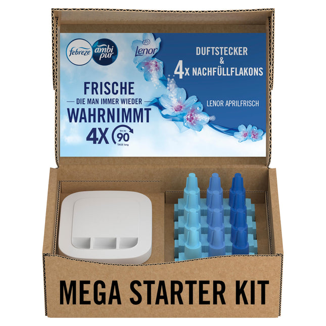 Febreze programmējamais gaisa atsvaidzinātājs 3Volution spraudkontakta sākuma komplekts + uzpildes pudeles 80 ml April Fresh, 3 mainīgi aromāti cīņai ar nepatīkamām smakām